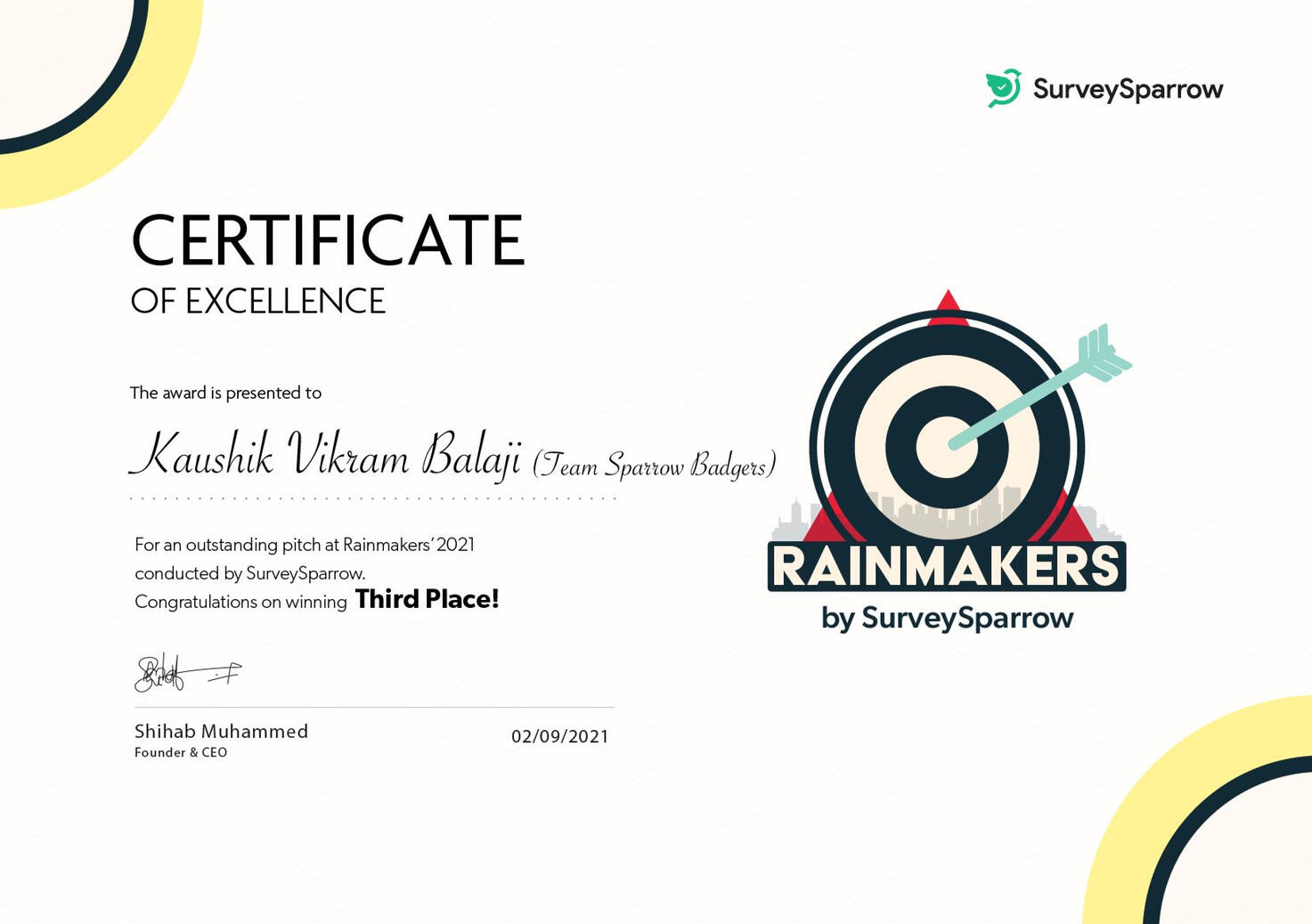 Won a Bronze Medal in SurveySparrow's Rainmakers Challenge, an internal competition involving pitching the product to Product Management, HR, and Customer Experience Heads.